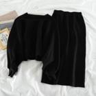Set: Plain Cropped Sweater + Slit Midi Knit Skirt
