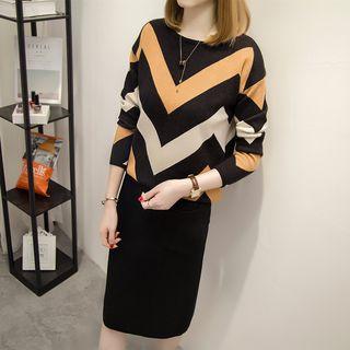 Set: Long-sleeve Chevron Knit Top + Knit Pencil Skirt