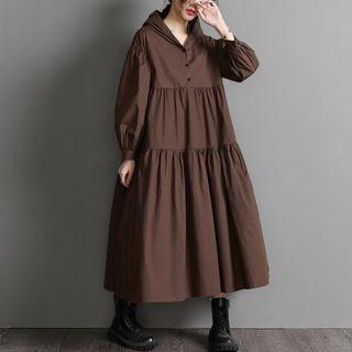 Long-sleeve Hooded Tiered Midi Shift Dress
