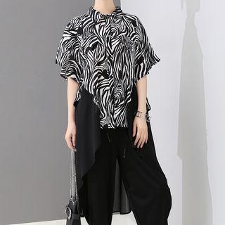 Patterned Short-sleeve Chiffon Long Hem Shirt Black - One Size