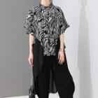 Patterned Short-sleeve Chiffon Long Hem Shirt Black - One Size