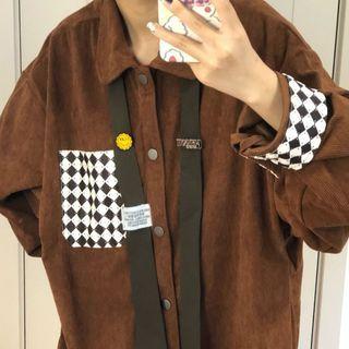 Long-sleeve Checkerboard Panel Corduroy Shirt
