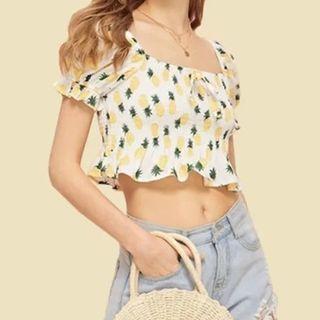 Puff-sleeve Pineapple Print Blouse