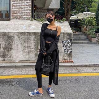 Set: Long Cardigan + Button-trim Camisole Top