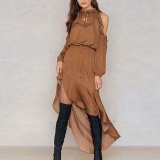 Cut Out Shoulder Long Sleeve Midi Dress