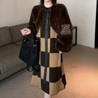 Buckled Fluffy Shrug / Long-sleeve Checkered Midi Dress