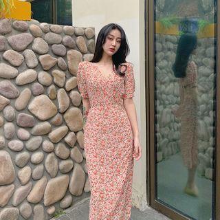 Short-sleeve Floral Midi Floral Dress