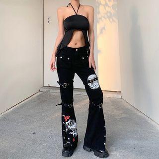 Printed Buckled Straight Leg Jeans