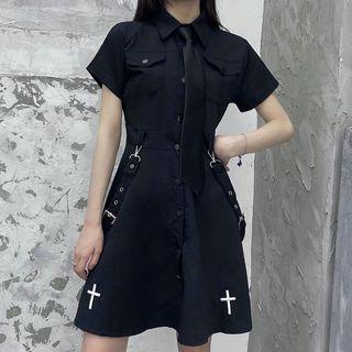 Set: Short-sleeve Crisscross Embroidered Shirtdress + Neck Tie
