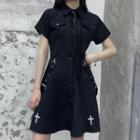 Set: Short-sleeve Crisscross Embroidered Shirtdress + Neck Tie