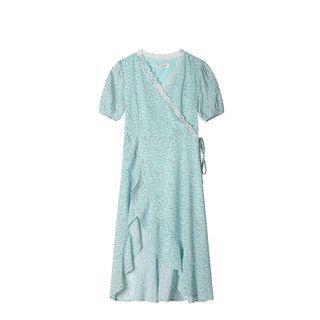 Lace-trim Ruffled Floral Print Short Sleeve Dress