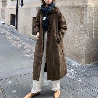 Lapel Collar Plaid Woolen Coat Brown - One Size