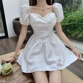 Square-neck Puff Sleeve Gather Waist Mini Dress