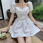 Square-neck Puff Sleeve Gather Waist Mini Dress