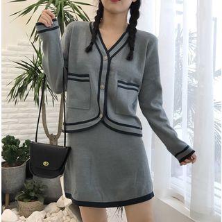 Set: Contrast Trim Cardigan + Knit Skirt Cardigan - Gray - One Size / Skirt - Gray - One Size