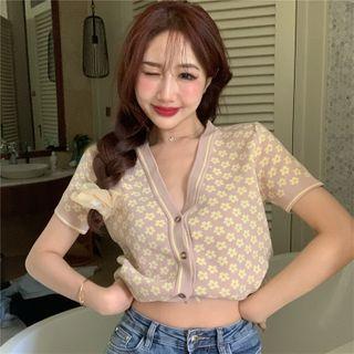 Floral Short-sleeve Knit Cardigan As Shown In Figure - One Size