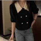 Short-sleeve Double-breasted Blouse Black - One Size