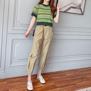 Short-sleeve Heart Print Striped Knit Top / Cropped Harem Pants / Set