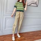 Short-sleeve Heart Print Striped Knit Top / Cropped Harem Pants / Set