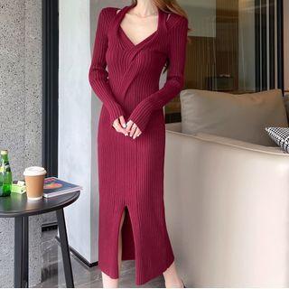 Long-sleeve Off-shoulder Plain Slit Hem Halter Knit Dress