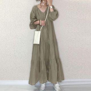 Puff-sleeve V-neck Maxi A-line Dress Grayish Green - One Size