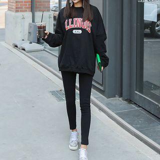 Set: Round-neck Lettering Top + Slit-hem Leggings Pants