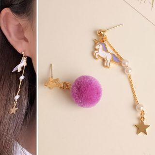 Asymmetric Faux Pearl Unicorn Drop Earring / Clip-on Earring