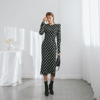 Sharp-shoulder Dotted Midi Sheath Dress
