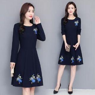 Floral Embroidered Long Sleeve A-line Dress