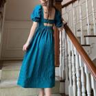 Puff-sleeve Open-back Shirred Midi A-line Dress