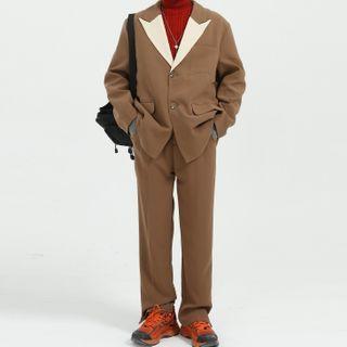 Contrast Collar Blazer / Straight-cut Dress Pants
