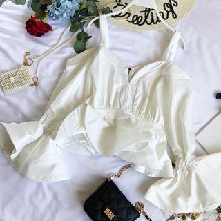 Cropped Cold-shoulder Long Bell-sleeve Blouse