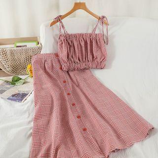 Set: Plaid Camisole Top + Midi A-line Skirt