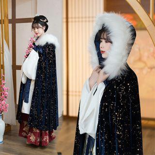 Removable Furry Trim Glitter Hooded Cape Fleece Lining - Black - One Size