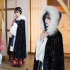 Removable Furry Trim Glitter Hooded Cape Fleece Lining - Black - One Size