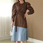 Balloon-sleeve Two-tone Dress With Sash