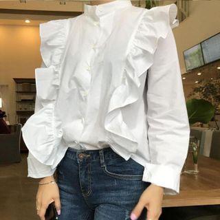 Long-sleeve Band Collar Plain Ruffle Trim Shirt