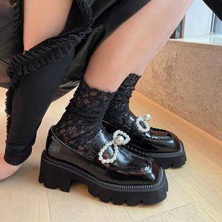 Faux Pearl Bow Platform Chunky Heel Loafers