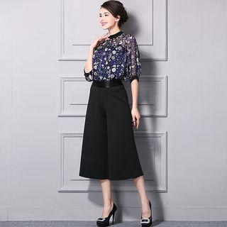 Set: Floral Print Elbow Sleeve Chiffon Top + Camisole Top+ Culottes