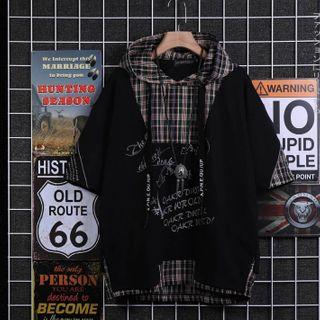 Short-sleeve Plaid Panel Lettering Hoodie