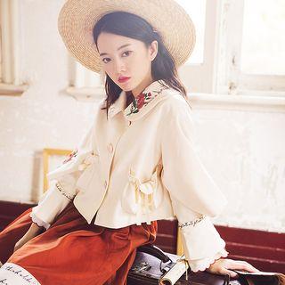 Flower Embroidered Lantern-sleeve Button Jacket