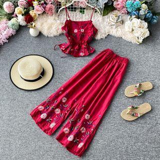 Set: Floral Embroidered Camisole Top + Wide Leg Pants