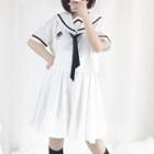 Set: Sailor Collar Short-sleeve T-shirt + High Waist Suspender Skirt