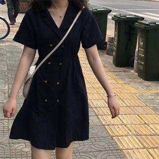 Double-breasted Short-sleeve Mini A-line Dress Navy Blue - One Size