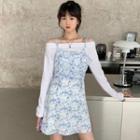 Long-sleeve Off-shoulder T-shirt / Print Mini A-line Overall Dress