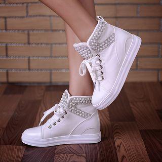 Hidden Wedge Beaded Rhinestone High Top Sneakers