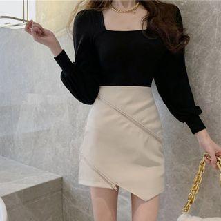 Long-sleeve Square Neck Top / Diagonal Zip Pencil Skirt / Set