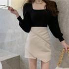 Long-sleeve Square Neck Top / Diagonal Zip Pencil Skirt / Set