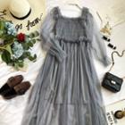 Set: Plain Slipdress + Mesh Long-sleeve A-line Dress