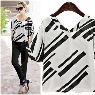 Printed Elbow Sleeve V-neck Chiffon Top